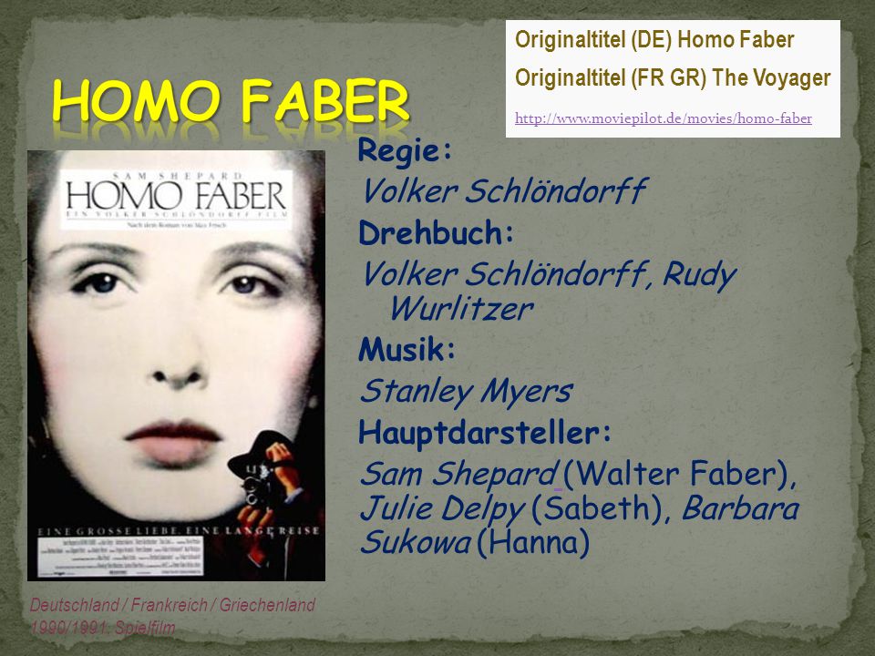 HOMO FABER Originaltitel (DE) Homo Faber. Originaltitel (FR GR) The Voyager.