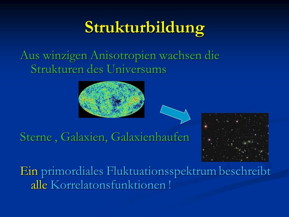Strukturbildung Aus winzigen Anisotropien wachsen die Strukturen des Universums. Sterne , Galaxien, Galaxienhaufen.