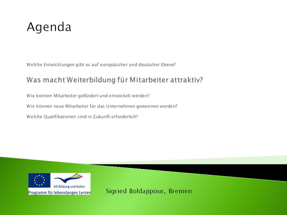 Agenda Welche Entwicklungen gibt es auf europäischer und deutscher Ebene Was macht Weiterbildung für Mitarbeiter attraktiv Wie können Mitarbeiter gefördert und entwickelt werden Wie können neue Mitarbeiter für das Unternehmen gewonnen werden Welche Qualifikationen sind in Zukunft erforderlich