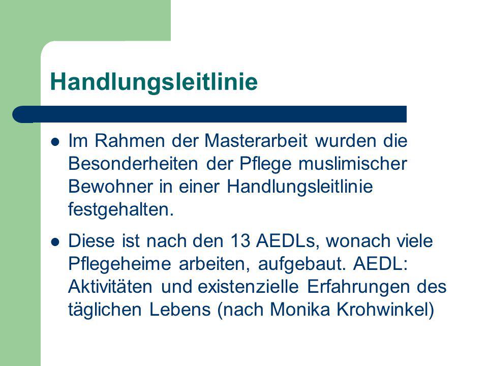 Handlungsleitlinie Im Rahmen der Masterarbeit wurden die Besonderheiten der Pflege muslimischer Bewohner in einer Handlungsleitlinie festgehalten.