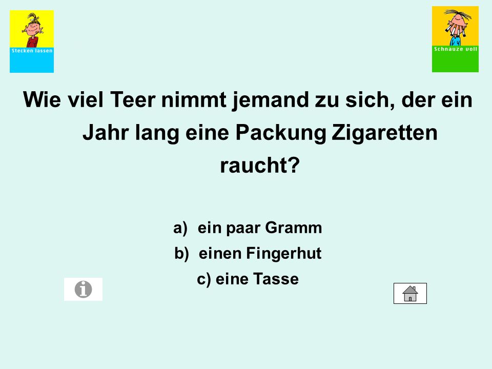 Zahlen und Fakten 40 Wie viel Teer nimmt jemand zu sich, der ein Jahr lang eine Packung Zigaretten raucht
