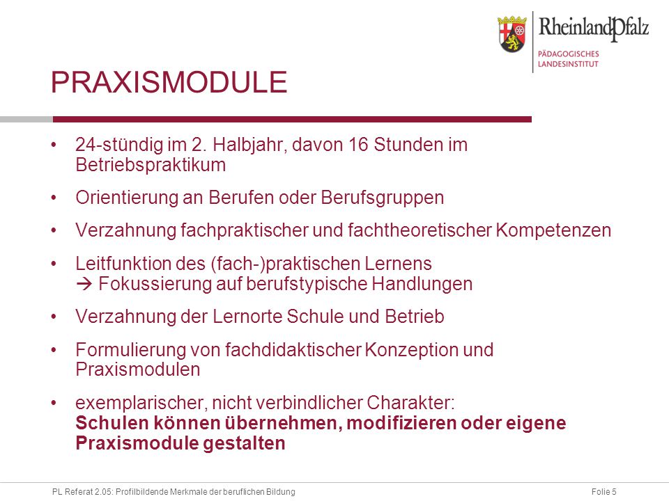 Praxismodule 24-stündig im 2. Halbjahr, davon 16 Stunden im Betriebspraktikum. Orientierung an Berufen oder Berufsgruppen.