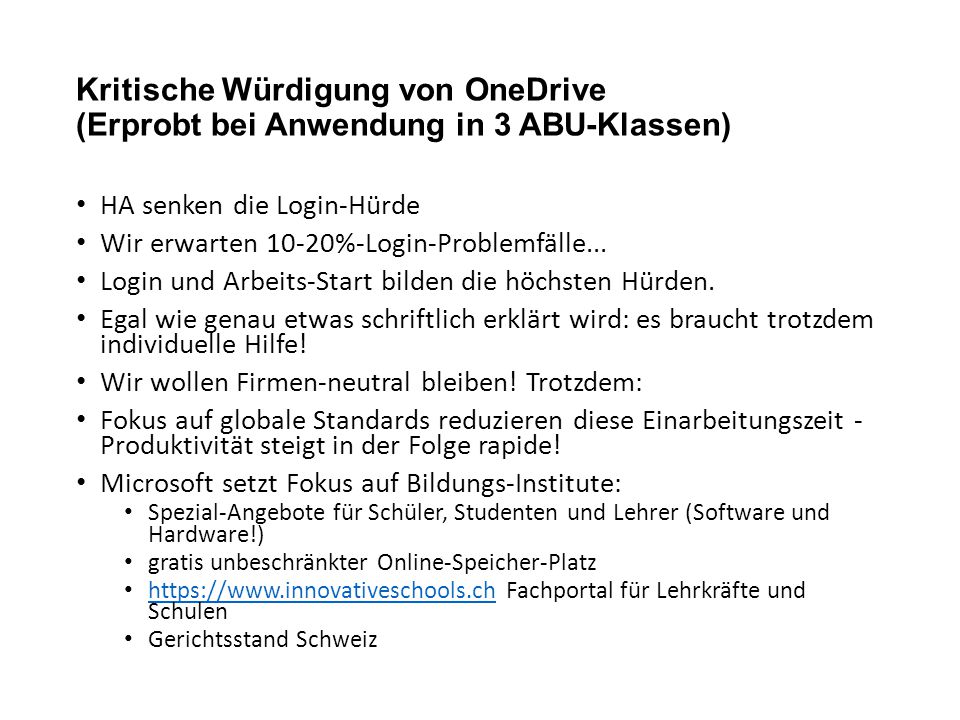 Kritische Würdigung von OneDrive (Erprobt bei Anwendung in 3 ABU-Klassen)