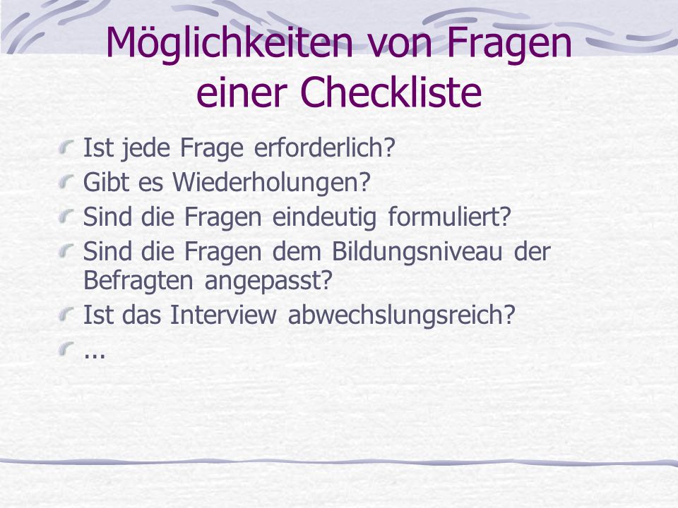 Möglichkeiten von Fragen einer Checkliste