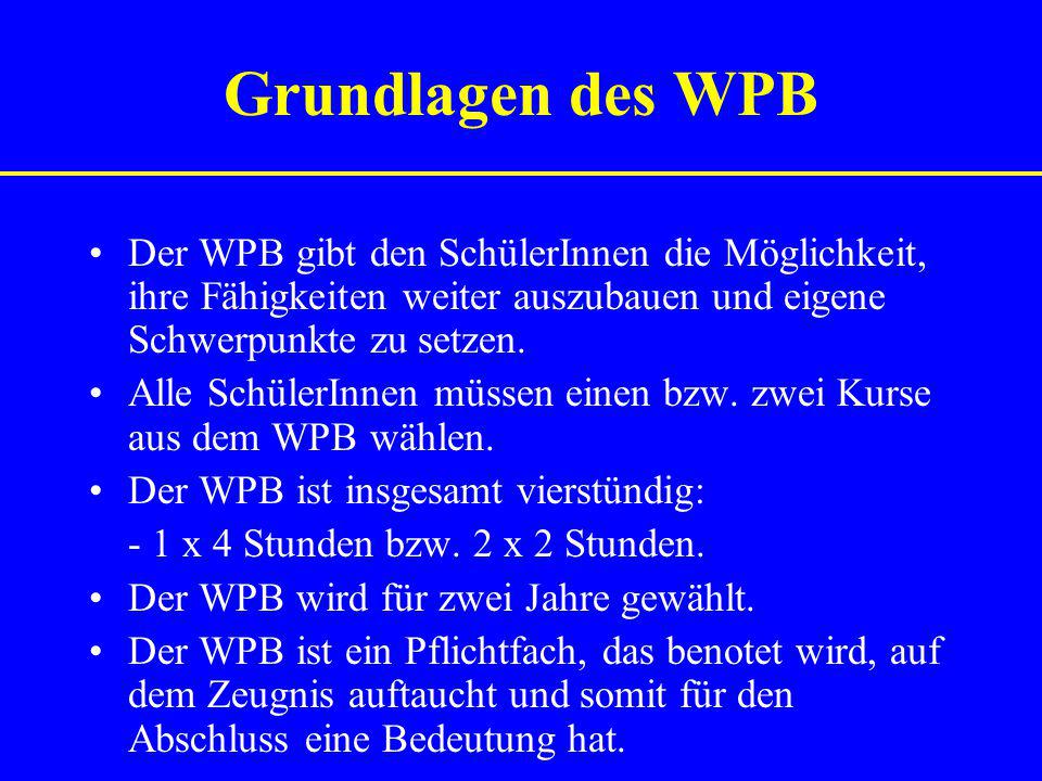 Grundlagen des WPB Der WPB gibt den SchülerInnen die Möglichkeit, ihre Fähigkeiten weiter auszubauen und eigene Schwerpunkte zu setzen.