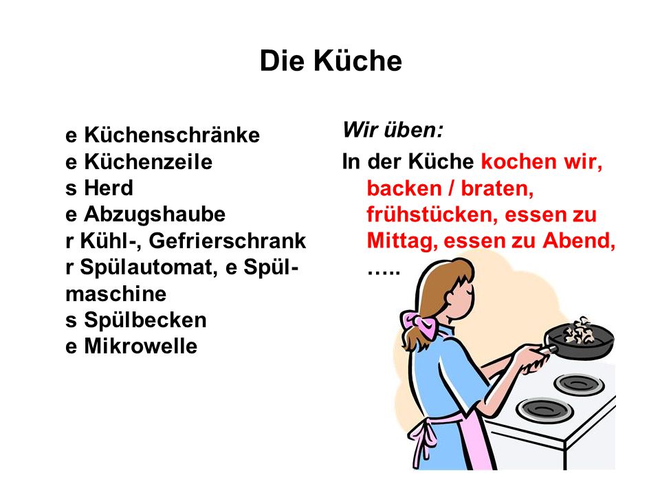 Die Küche Wir üben: In der Küche kochen wir, backen / braten, frühstücken, essen zu Mittag, essen zu Abend, …..