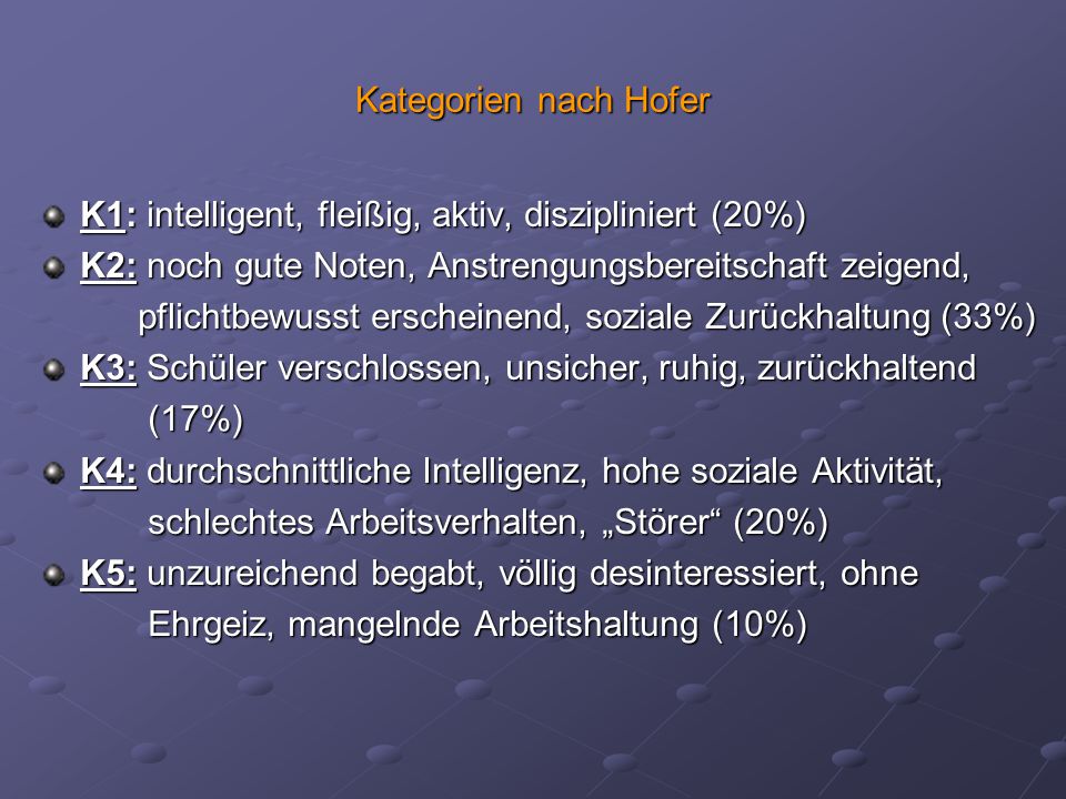 Kategorien nach Hofer K1: intelligent, fleißig, aktiv, diszipliniert (20%) K2: noch gute Noten, Anstrengungsbereitschaft zeigend,