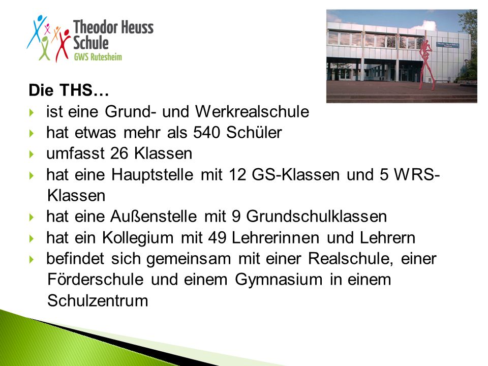 Die THS… ist eine Grund- und Werkrealschule. hat etwas mehr als 540 Schüler umfasst 26 Klassen