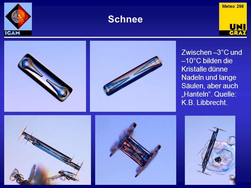 Meteo 298 Schnee. Zwischen –3°C und –10°C bilden die Kristalle dünne Nadeln und lange Säulen, aber auch.