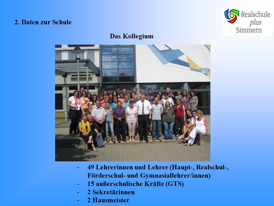 2. Daten zur Schule Das Kollegium. 49 Lehrerinnen und Lehrer (Haupt-, Realschul-, Förderschul- und Gymnasiallehrer/innen)
