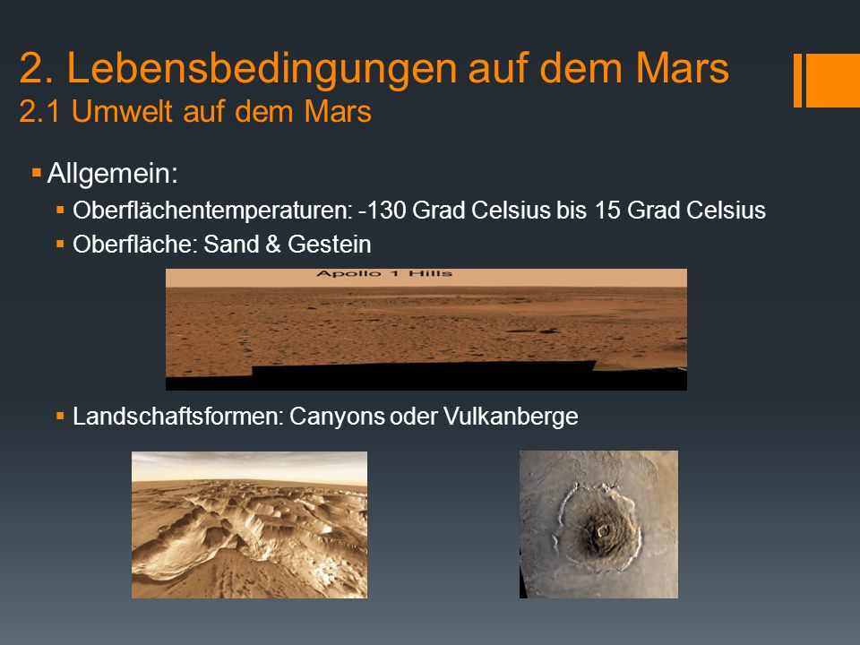 2. Lebensbedingungen auf dem Mars 2.1 Umwelt auf dem Mars