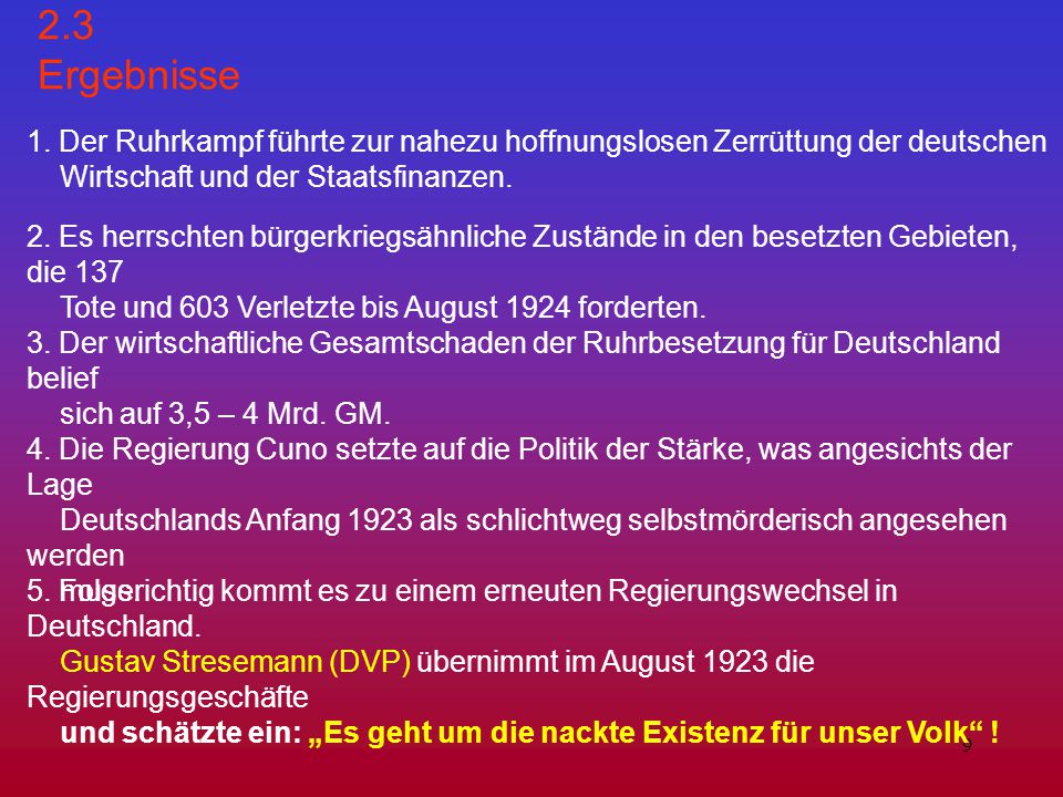 2.3 Ergebnisse 1. Der Ruhrkampf führte zur nahezu hoffnungslosen Zerrüttung der deutschen. Wirtschaft und der Staatsfinanzen.