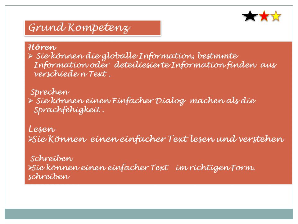 Grund Kompetenz Hören. Sie können die globalle Information, bestmmte Information oder deteiliesierte Information finden aus verschiede n Text .