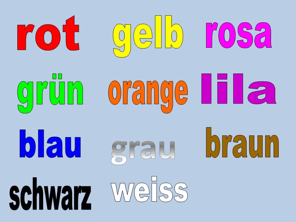 rot gelb rosa grün lila orange grau braun blau schwarz weiss