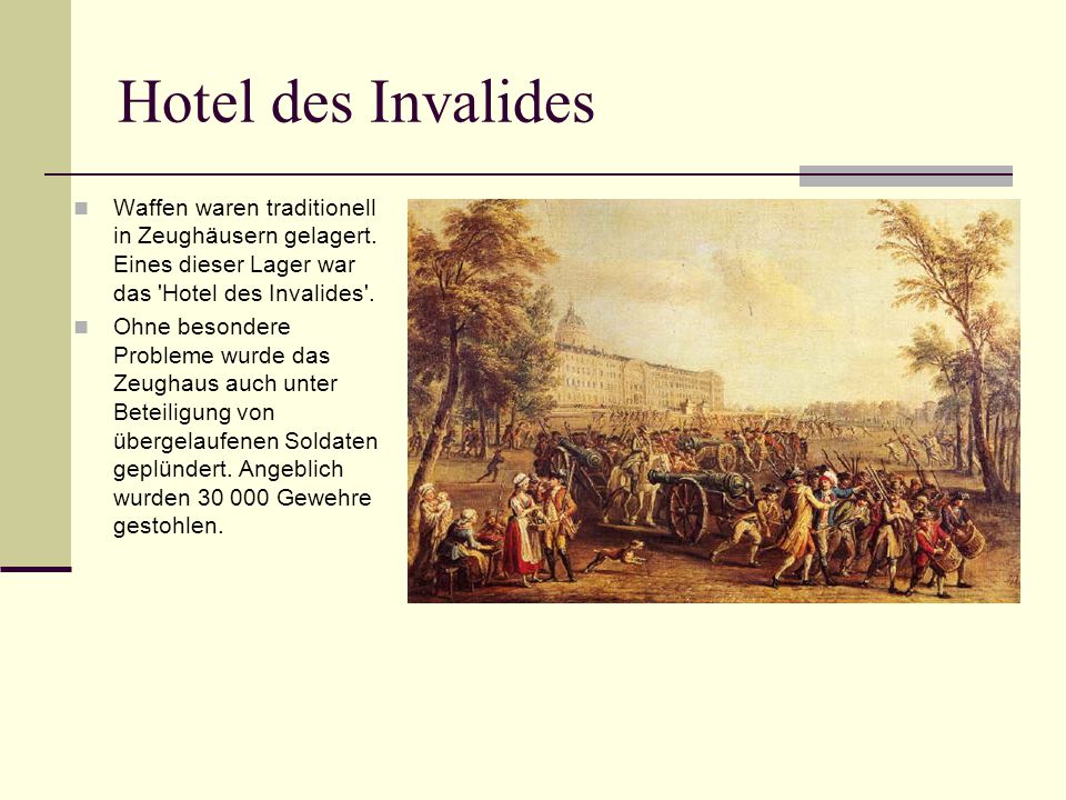 Hotel des Invalides Waffen waren traditionell in Zeughäusern gelagert. Eines dieser Lager war das Hotel des Invalides .