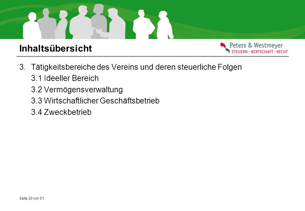 Inhaltsübersicht Tätigkeitsbereiche des Vereins und deren steuerliche Folgen. 3.1 Ideeller Bereich.