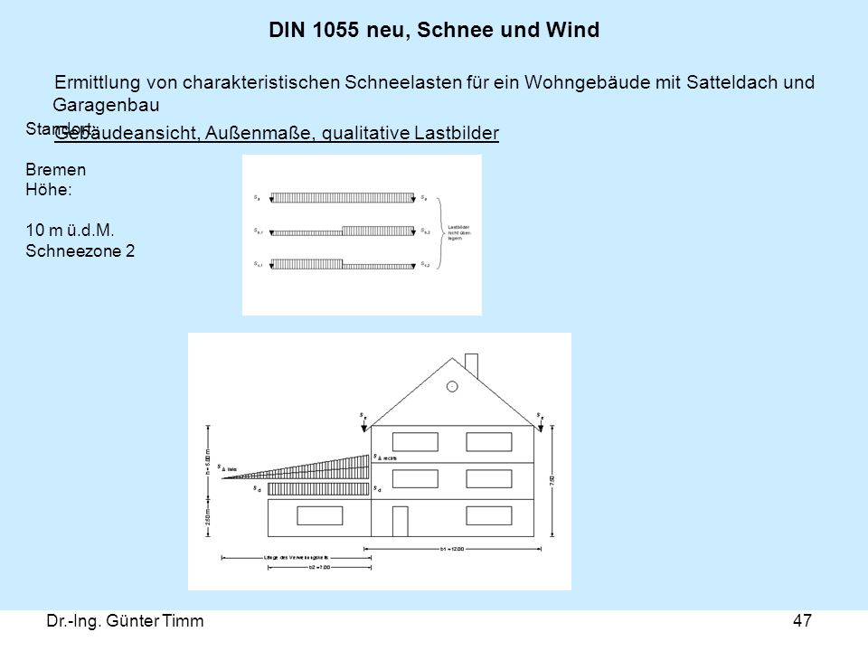 DIN 1055 neu, Schnee und Wind Ermittlung von charakteristischen Schneelasten für ein Wohngebäude mit Satteldach und Garagenbau.