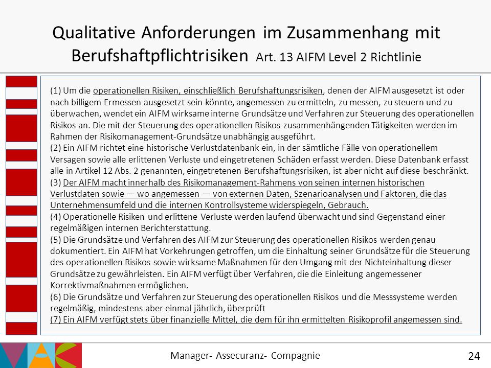 Qualitative Anforderungen im Zusammenhang mit Berufshaftpflichtrisiken Art. 13 AIFM Level 2 Richtlinie