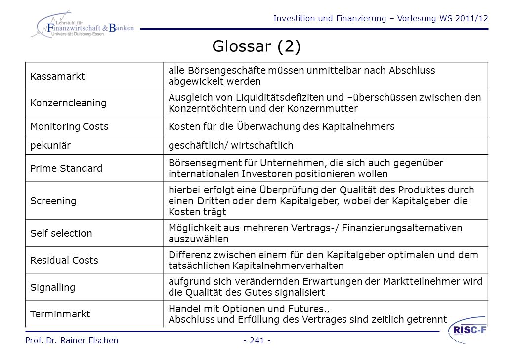 Glossar (2) Kassamarkt. alle Börsengeschäfte müssen unmittelbar nach Abschluss abgewickelt werden.