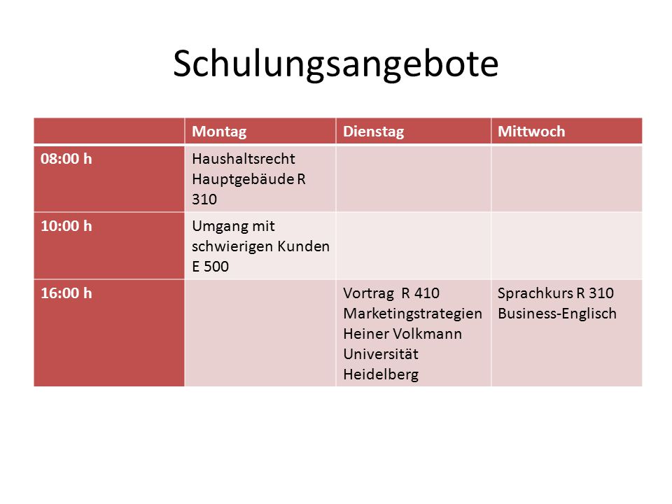 Schulungsangebote Montag Dienstag Mittwoch 08:00 h Haushaltsrecht