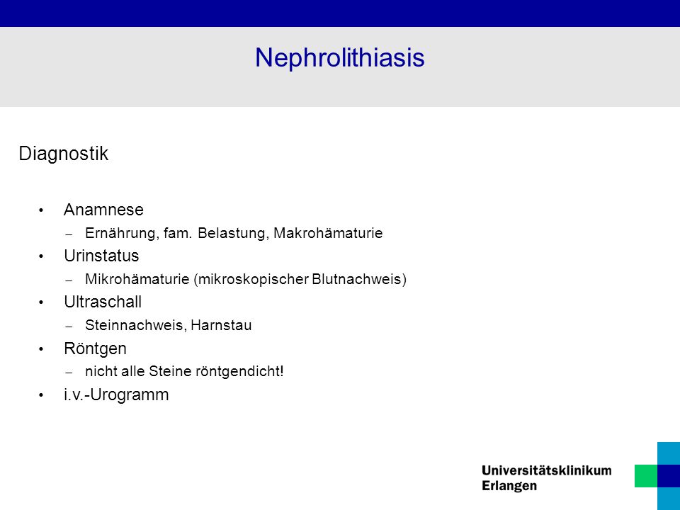 Nephrolithiasis Diagnostik Anamnese Urinstatus Ultraschall Röntgen