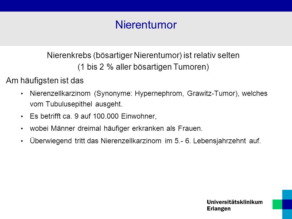 Nierentumor Nierenkrebs (bösartiger Nierentumor) ist relativ selten (1 bis 2 % aller bösartigen Tumoren)