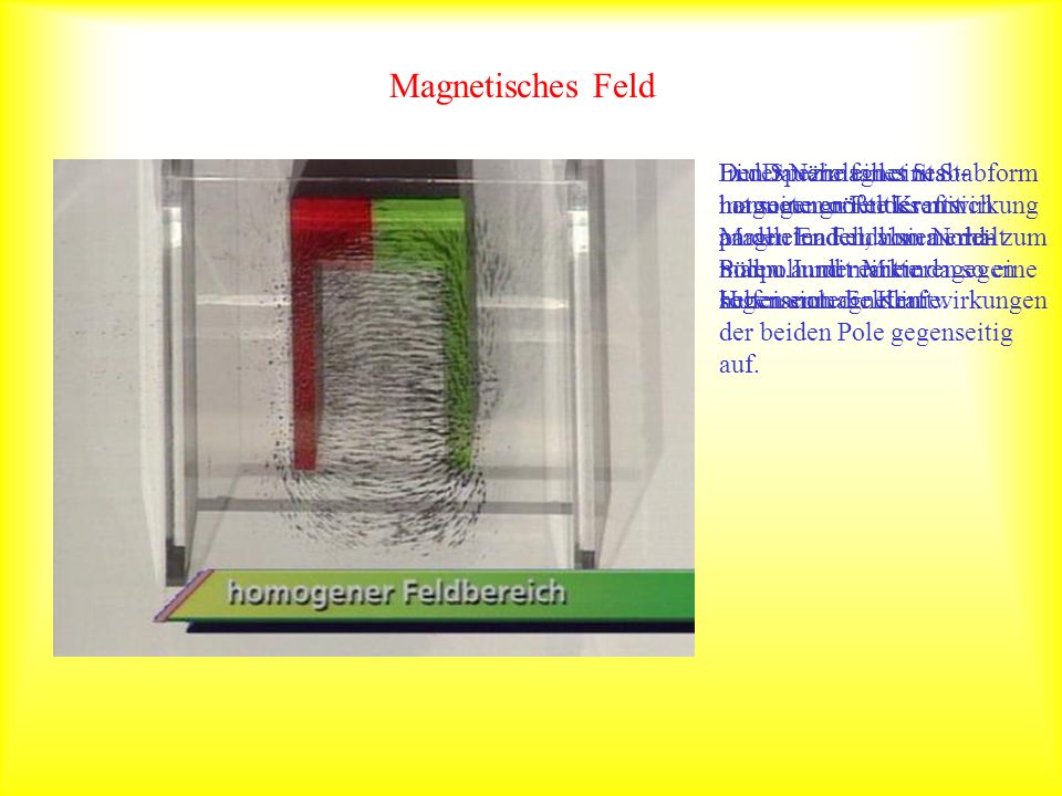 Magnetisches Feld Den Spezialfall eines homogenen Feldes mit parallelen Feldlinien erhält man u.a. mit einem Hufeisenmagneten.