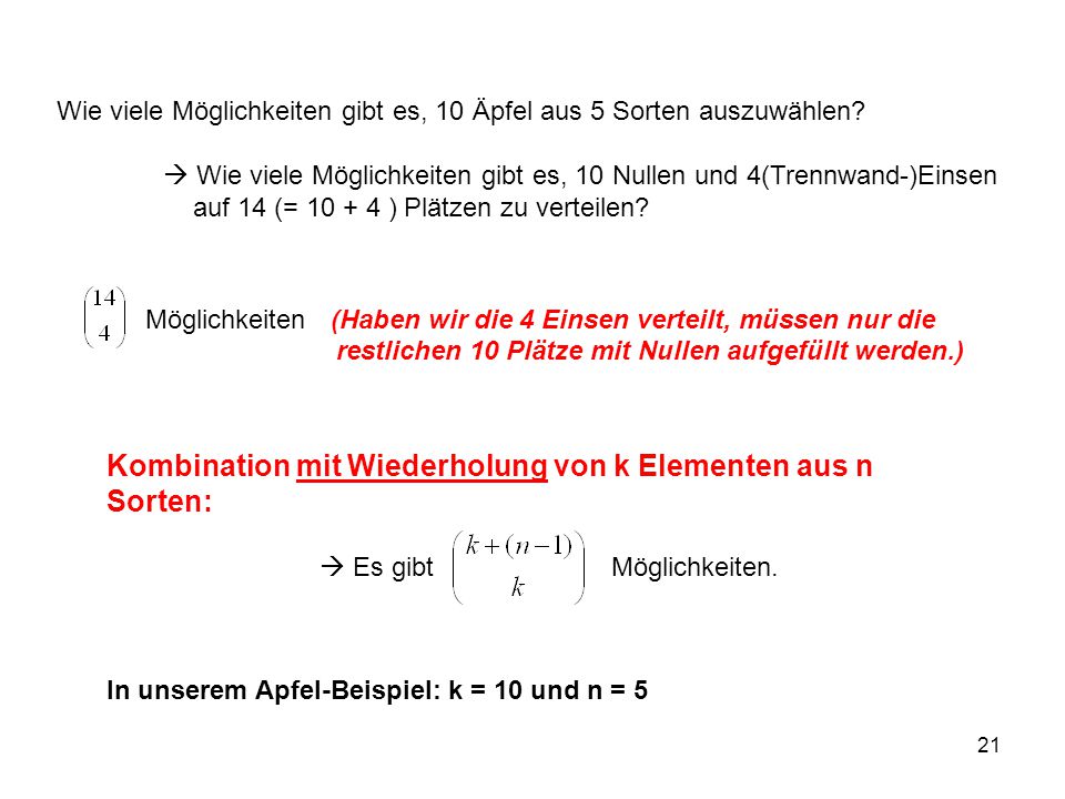 Wie viele Möglichkeiten gibt es, 10 Äpfel aus 5 Sorten auszuwählen