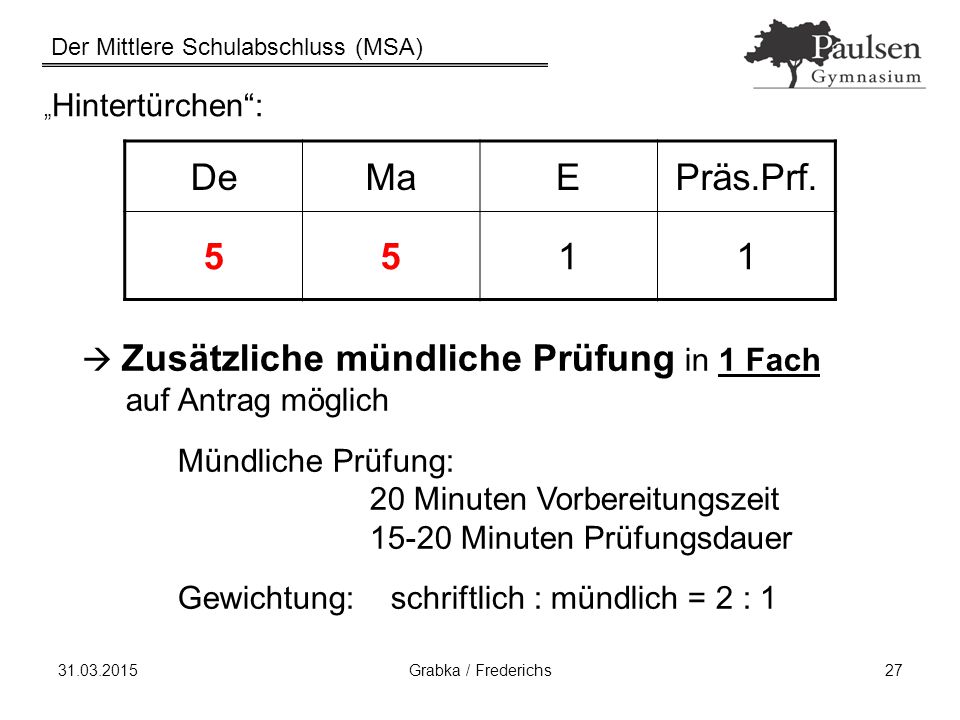De Ma E Präs.Prf. 5 1  Zusätzliche mündliche Prüfung in 1 Fach