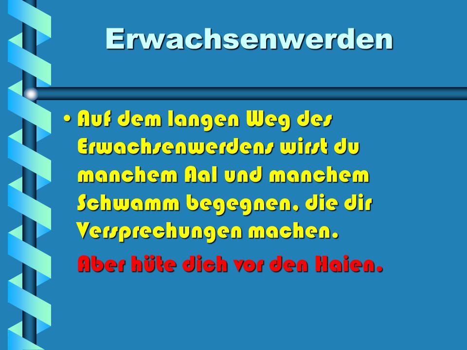 Erwachsenwerden Auf dem langen Weg des Erwachsenwerdens wirst du manchem Aal und manchem Schwamm begegnen, die dir Versprechungen machen.