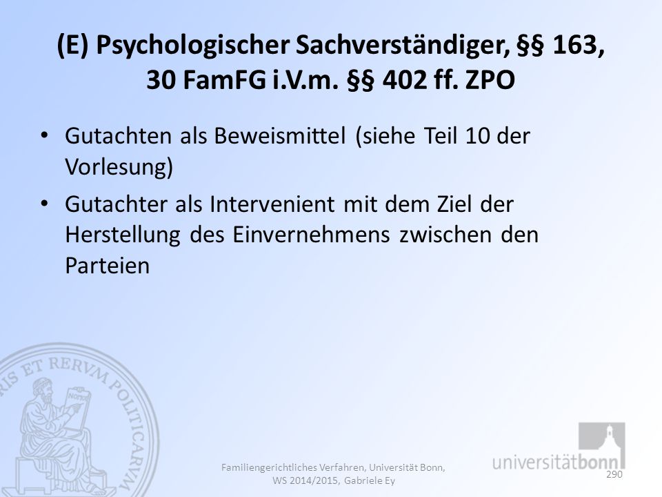 (E) Psychologischer Sachverständiger, §§ 163, 30 FamFG i. V. m