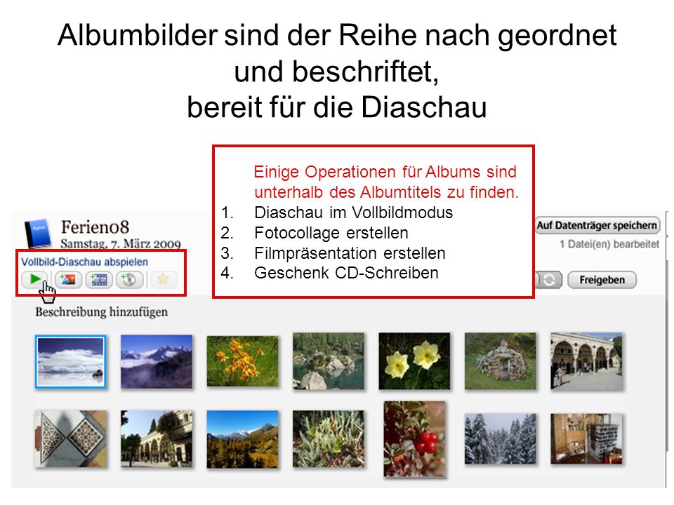 Albumbilder sind der Reihe nach geordnet und beschriftet, bereit für die Diaschau