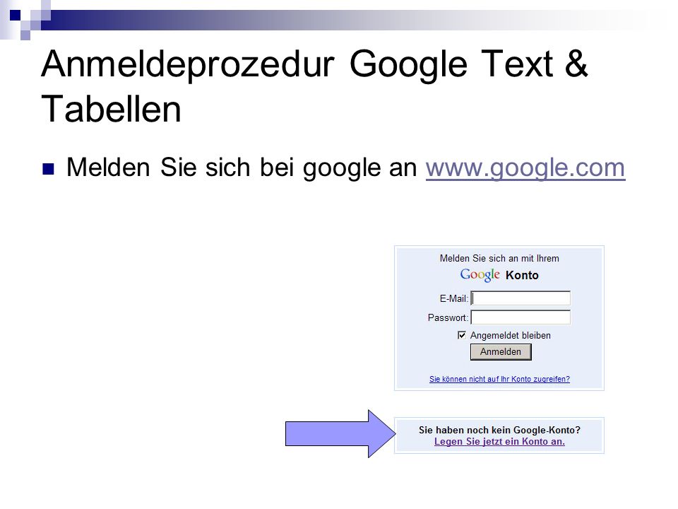Anmeldeprozedur Google Text & Tabellen