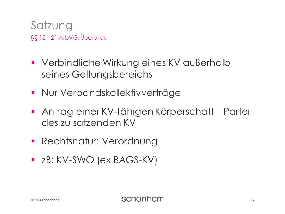 Satzung §§ 18 – 21 ArbVG; Überblick. Verbindliche Wirkung eines KV außerhalb seines Geltungsbereichs.
