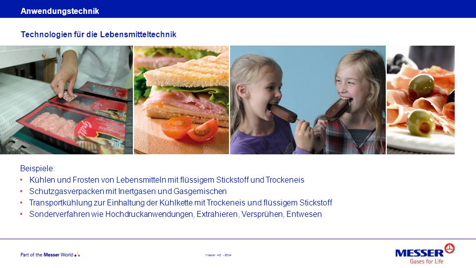 Anwendungstechnik Technologien für die Lebensmitteltechnik. Beispiele: Kühlen und Frosten von Lebensmitteln mit flüssigem Stickstoff und Trockeneis.