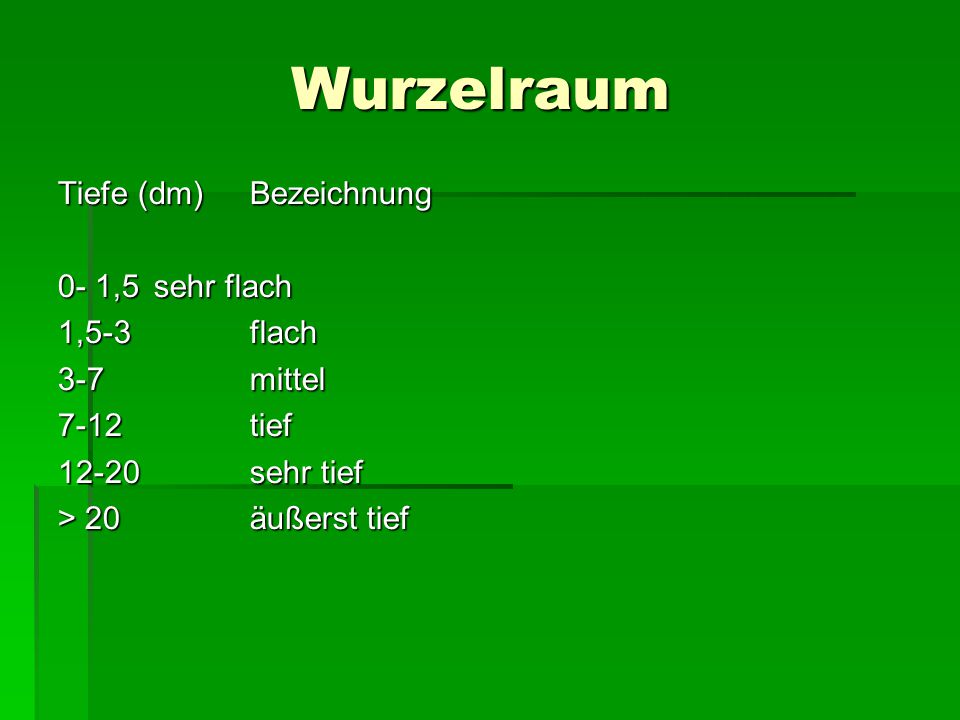 Wurzelraum Tiefe (dm) Bezeichnung 0- 1,5 sehr flach 1,5-3 flach