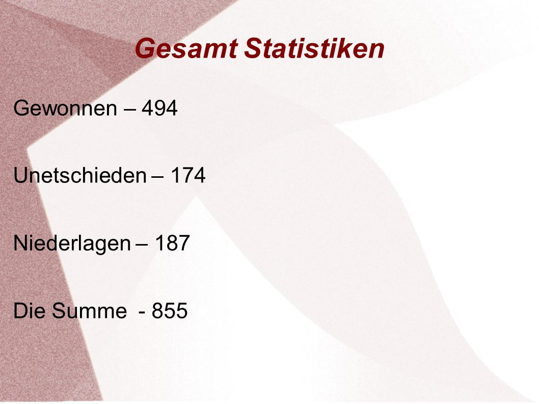 Gesamt Statistiken Gewonnen – 494 Unetschieden – 174 Niederlagen – 187 Die Summe - 855