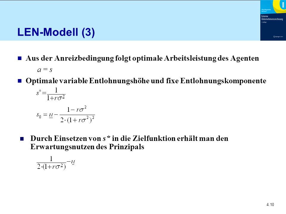 LEN-Modell (3) Aus der Anreizbedingung folgt optimale Arbeitsleistung des Agenten. a = s.