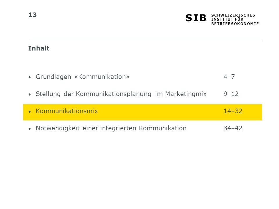 Inhalt Grundlagen «Kommunikation» 4–7. Stellung der Kommunikationsplanung im Marketingmix 9–12.