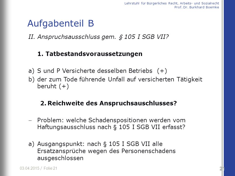 Aufgabenteil B II. Anspruchsausschluss gem. § 105 I SGB VII