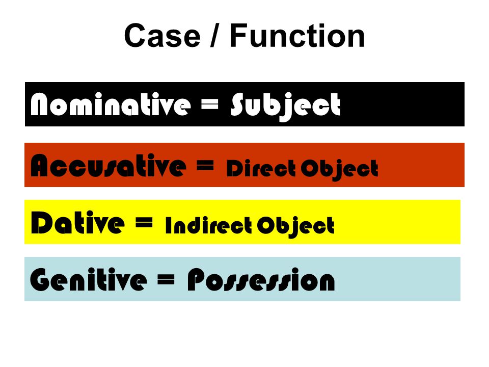Case / Function Nominative = Subject. Accusative = Direct Object.