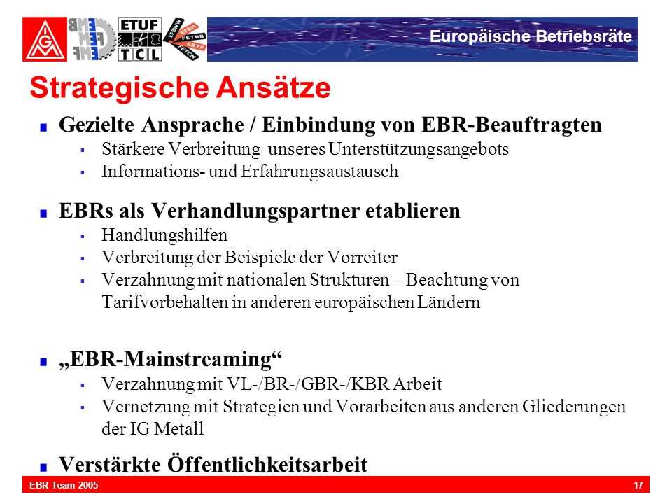 Strategische Ansätze Gezielte Ansprache / Einbindung von EBR-Beauftragten. Stärkere Verbreitung unseres Unterstützungsangebots.