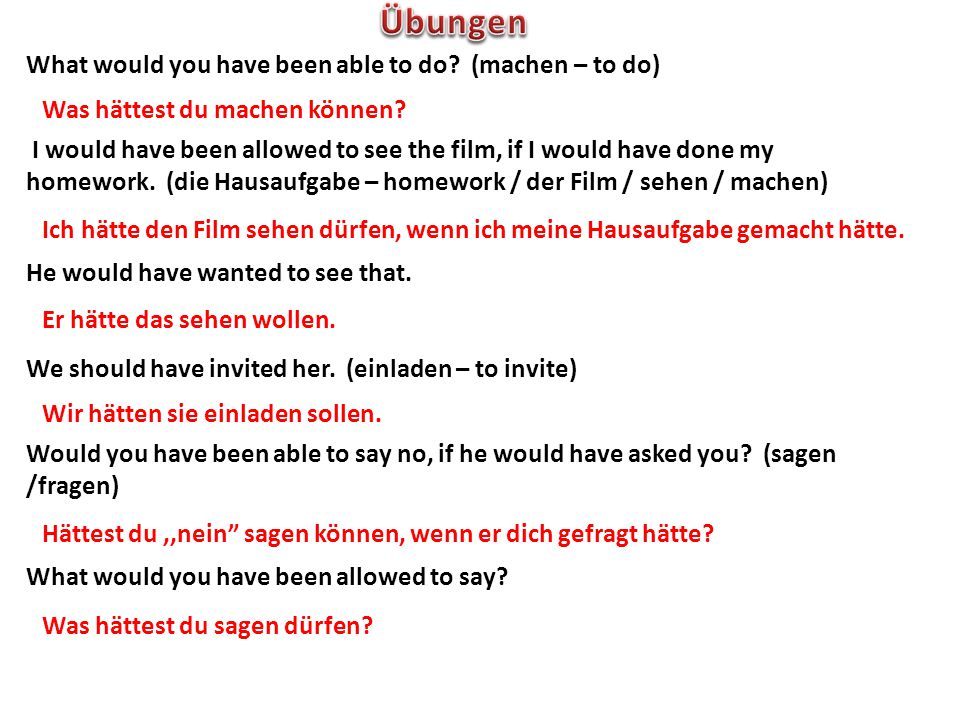 Übungen What would you have been able to do (machen – to do)