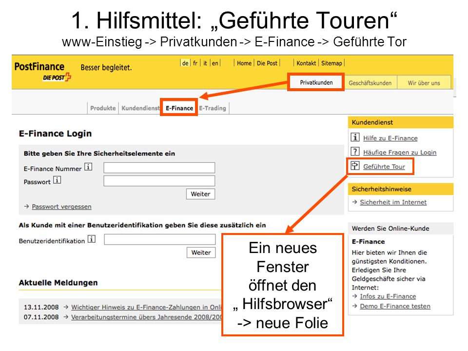 1. Hilfsmittel: „Geführte Touren www-Einstieg -> Privatkunden -> E-Finance -> Geführte Tor
