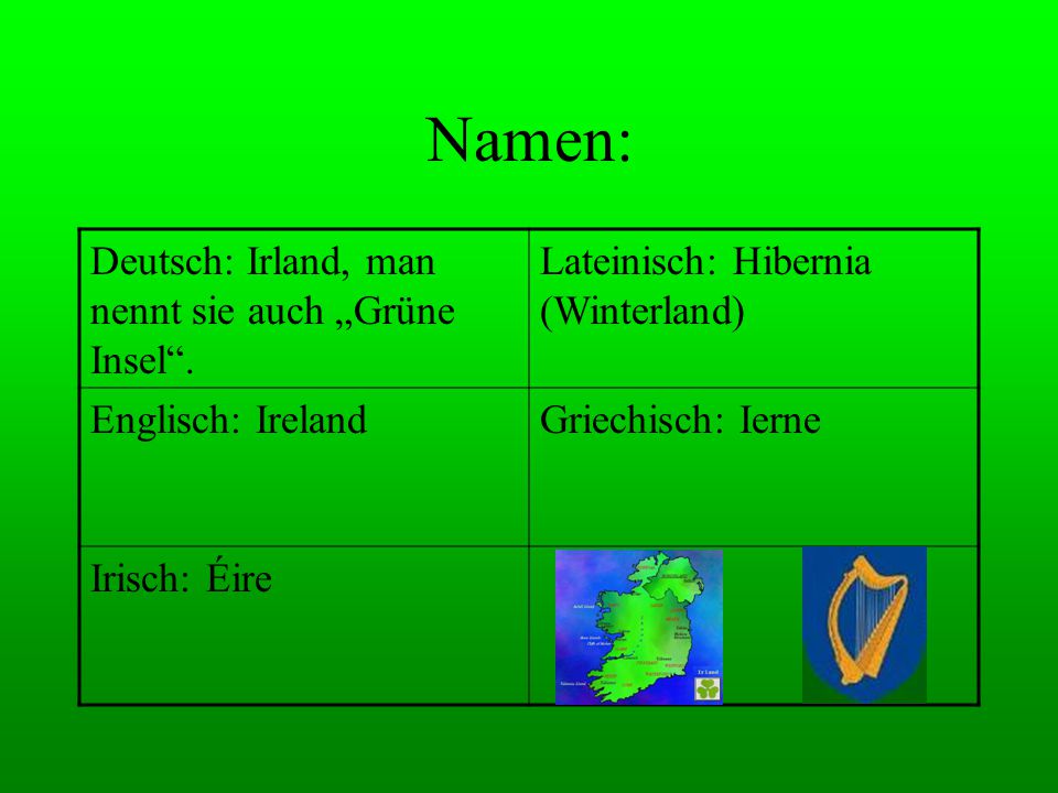 Namen: Deutsch: Irland, man nennt sie auch „Grüne Insel .