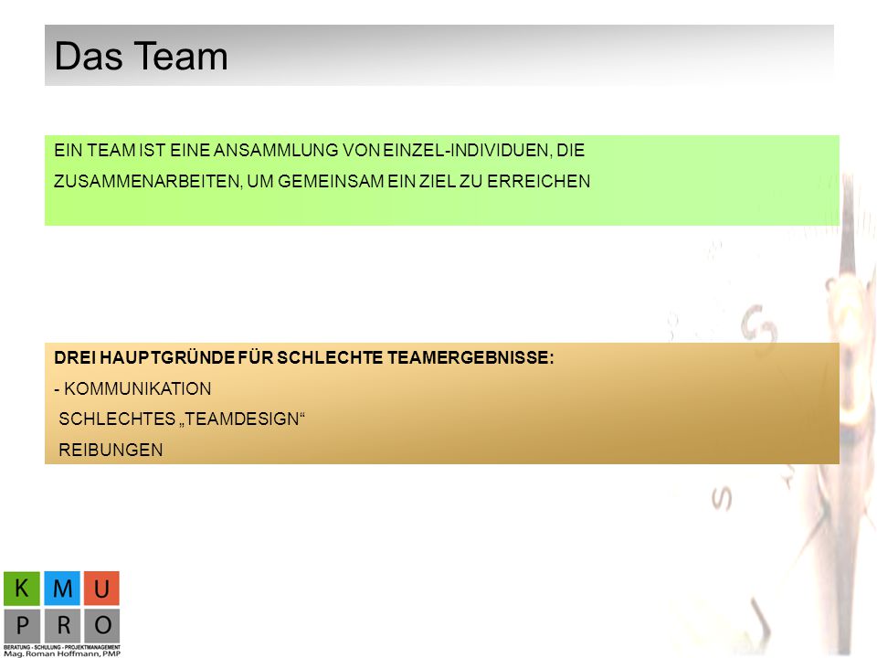 Das Team EIN TEAM IST EINE ANSAMMLUNG VON EINZEL-INDIVIDUEN, DIE