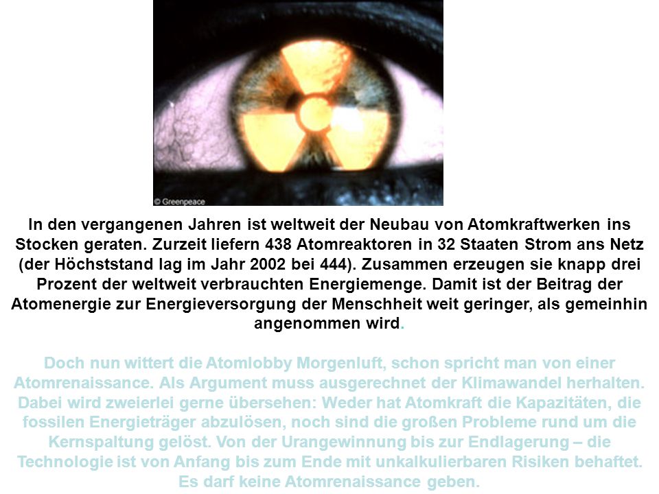 In den vergangenen Jahren ist weltweit der Neubau von Atomkraftwerken ins Stocken geraten. Zurzeit liefern 438 Atomreaktoren in 32 Staaten Strom ans Netz (der Höchststand lag im Jahr 2002 bei 444). Zusammen erzeugen sie knapp drei Prozent der weltweit verbrauchten Energiemenge. Damit ist der Beitrag der Atomenergie zur Energieversorgung der Menschheit weit geringer, als gemeinhin angenommen wird.