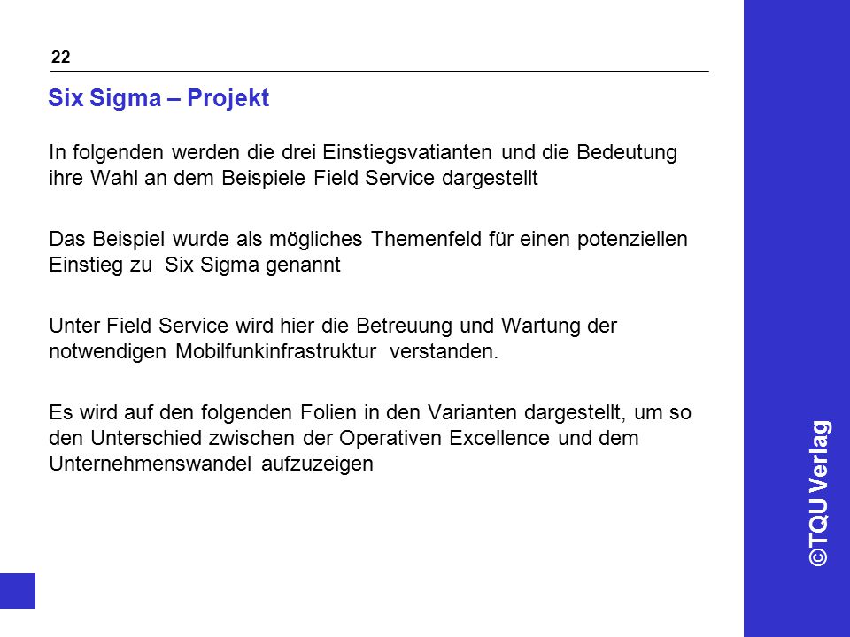 Six Sigma – Projekt In folgenden werden die drei Einstiegsvatianten und die Bedeutung ihre Wahl an dem Beispiele Field Service dargestellt.