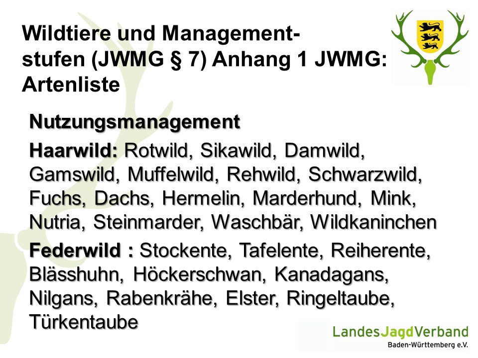 Wildtiere und Management- stufen (JWMG § 7) Anhang 1 JWMG: Artenliste