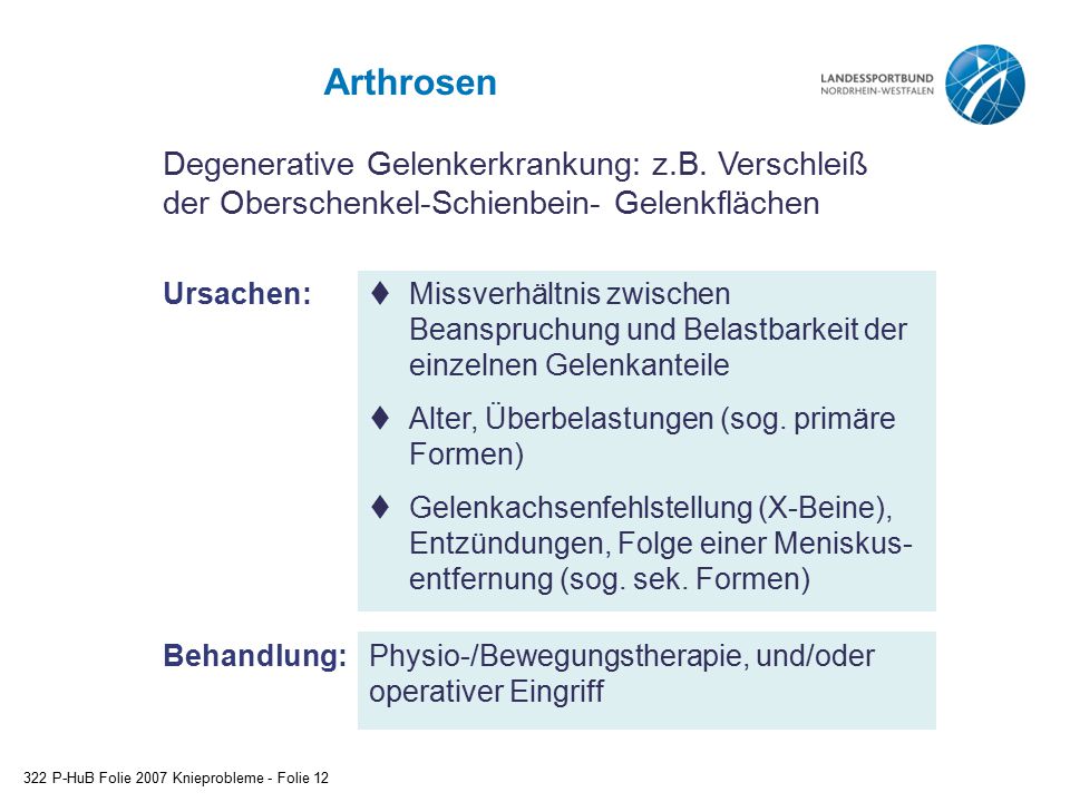 Arthrosen Degenerative Gelenkerkrankung: z.B. Verschleiß der Oberschenkel-Schienbein- Gelenkflächen.